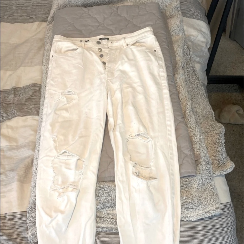 high waisted, white, frayed, flare jeans